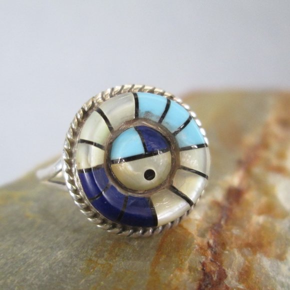 Zuni Sunface Ring, Turquoise Lapis Mother Of Pearl Onyx, Frank Yazzie Design - Picture 1 of 8